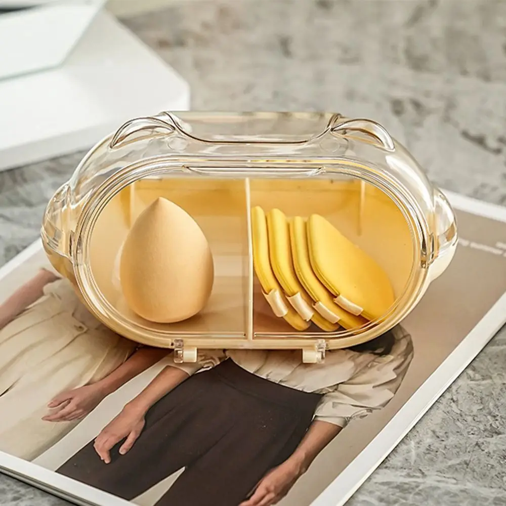 

Cartoon Powder Puff Storage Rack Cat Ear Shape 2 Grids Powder Puff Storage Case Empty with Lid Cosmetic Makeup Case Household