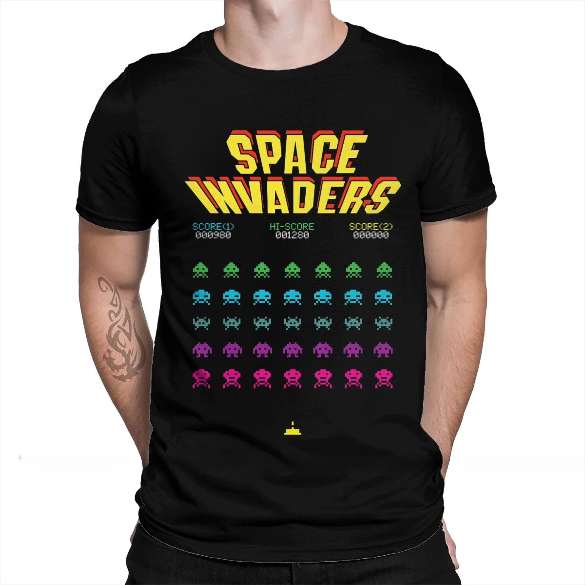 Men 100% Cotton Short Summer Sleeve Casual Plus Size Shirt Adults 70s 80s Arcade Game Space Invaders T-Shirt oversized harajuku