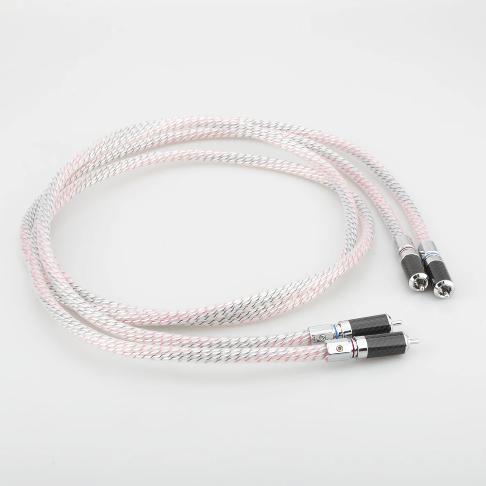 Pair HiFi 7N silver plated audio RCA interconnect cable with Carbon fiber RCA plug connector