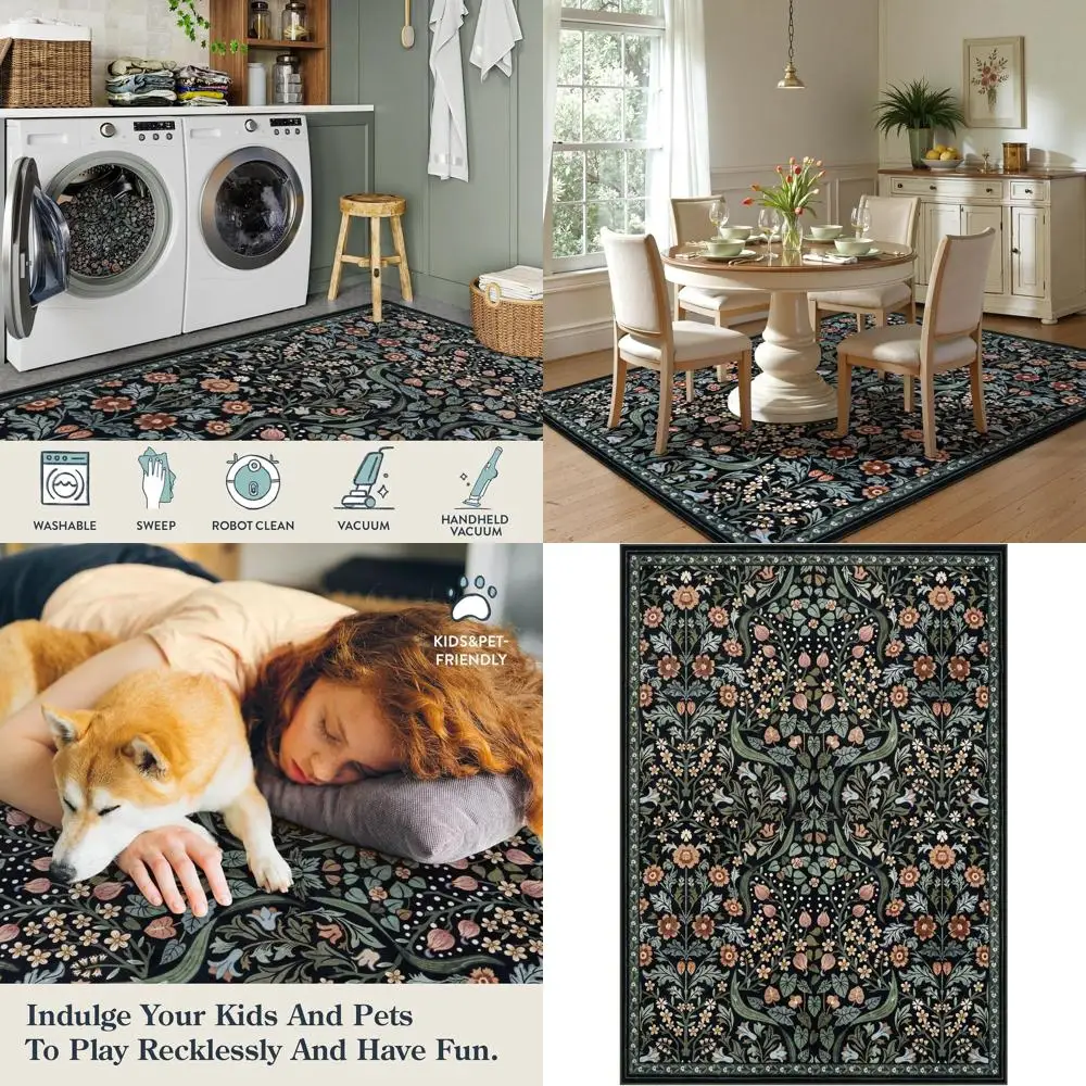 

Коврик 5x7 с цветочным принтом в стиле бохо — мягкий, моющийся, устойчивый к пятнам для гостиной, спальни, столовой и детской комнаты