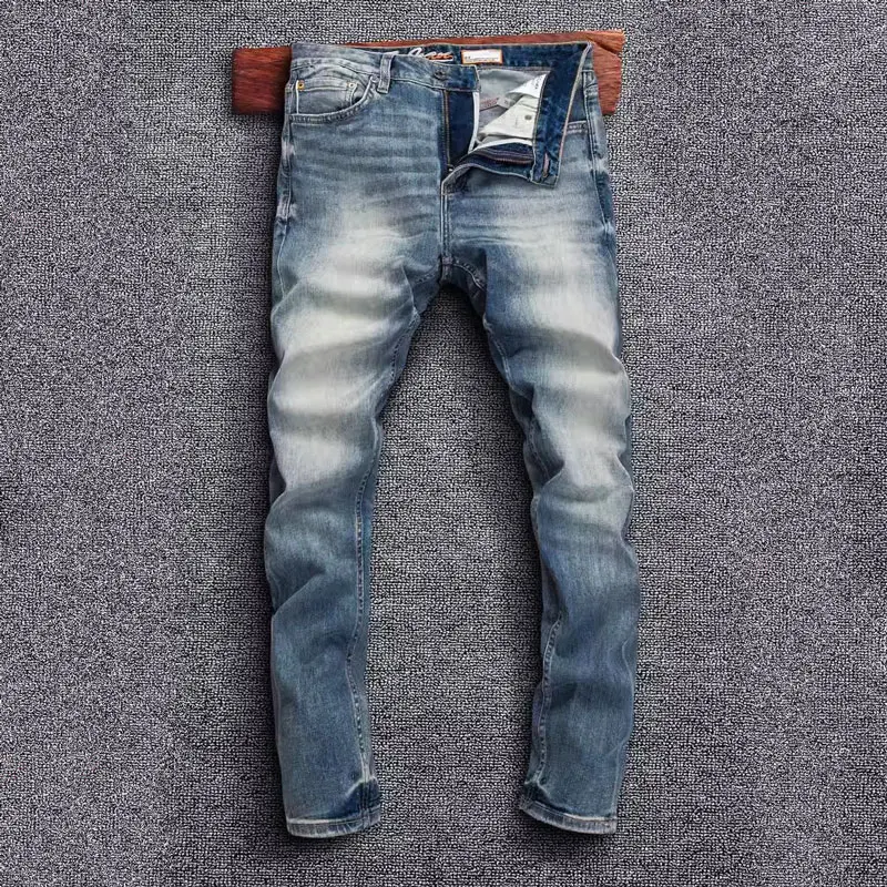 

High Quality Fashion Designer Men Jeans Retro Blue Stretch Slim Fit Vintage Jeans Men Embroidery Selvedge Red Line Denim Pants