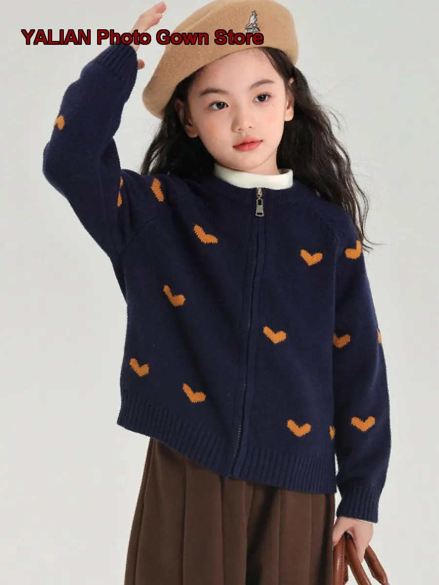 Pudding Haru Girls Cardigan Kids Winter Heart Pattern Anti-Pilling Knit Cardigan Solid Color Warm Coat