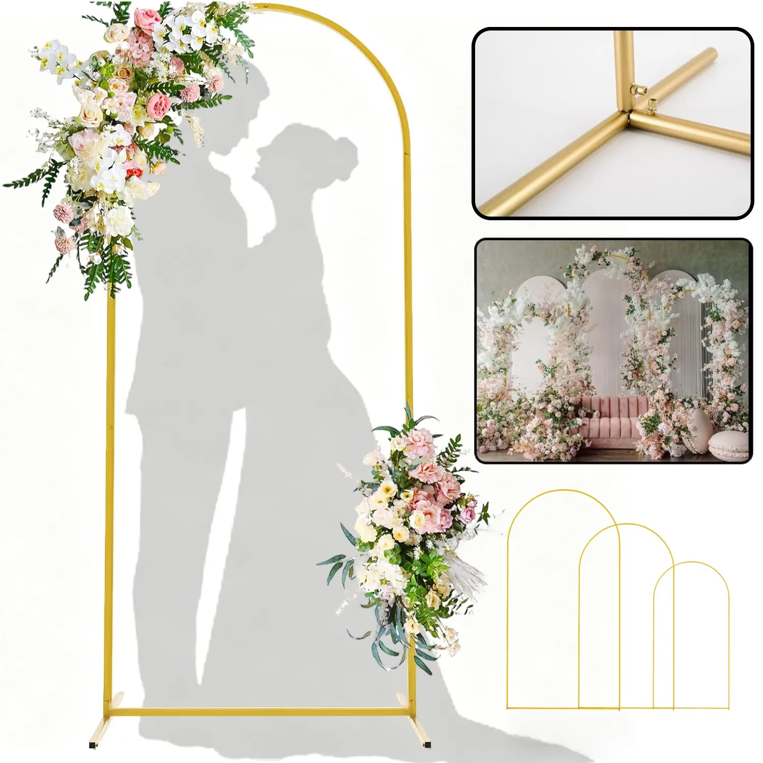 Support d'arche de mariage en métal doré, cadre d'arche de mariage, support de toile de fond pour décorations de fête, support de cadre d'arche de ballons, 6FT 6.6FT 7.2FT