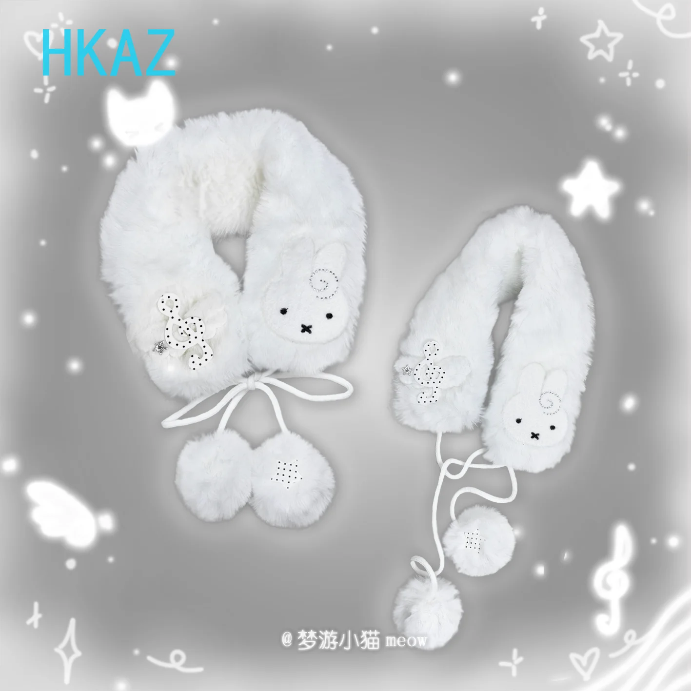 Polka Dot Cute Rabbit Hairball Scarf Sweet Girl Winter Warm Fashion Versatile Lace-up White Plush Scarves Neck Accessories