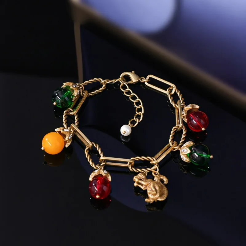 

Middle Vintage Metal Squirrel Charms Retro Palace Style Heavy Industry Hand Decoration Color Natural Stone Artificial Bracelets