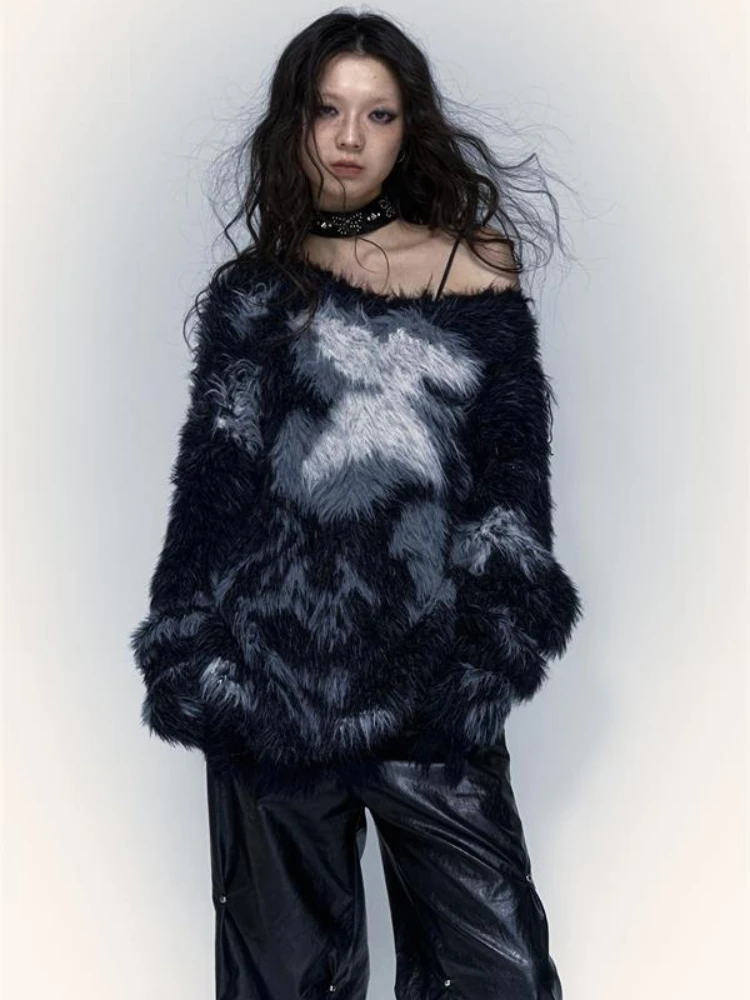 

Japanese retro Y2K Harajuku jacquard millennium style loose knit women's sweater autumn/winter American spicy girl tops emo