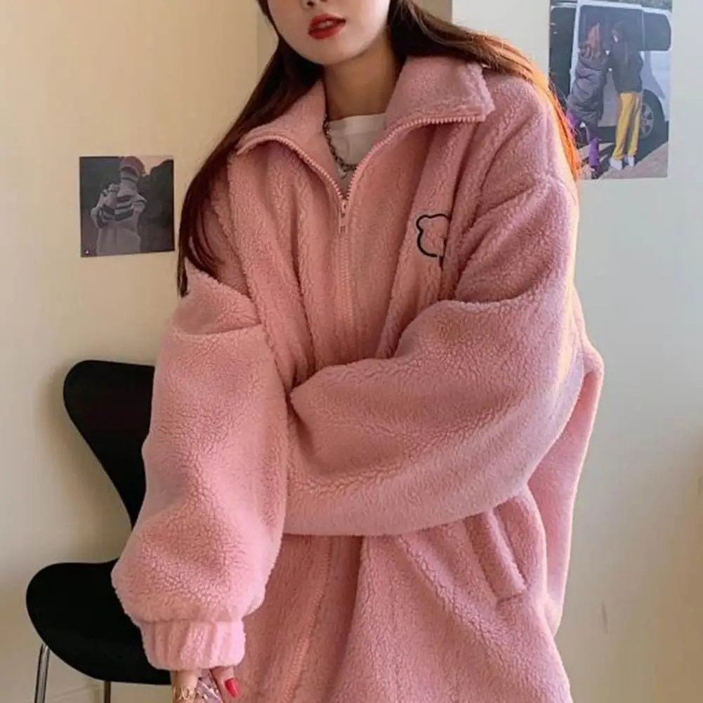 Women Winter Plush Coat Thickened Plush Winter Jacket with Cartoon Bear Pattern Cozy Stand Collar Sweatshirt Coat for Women