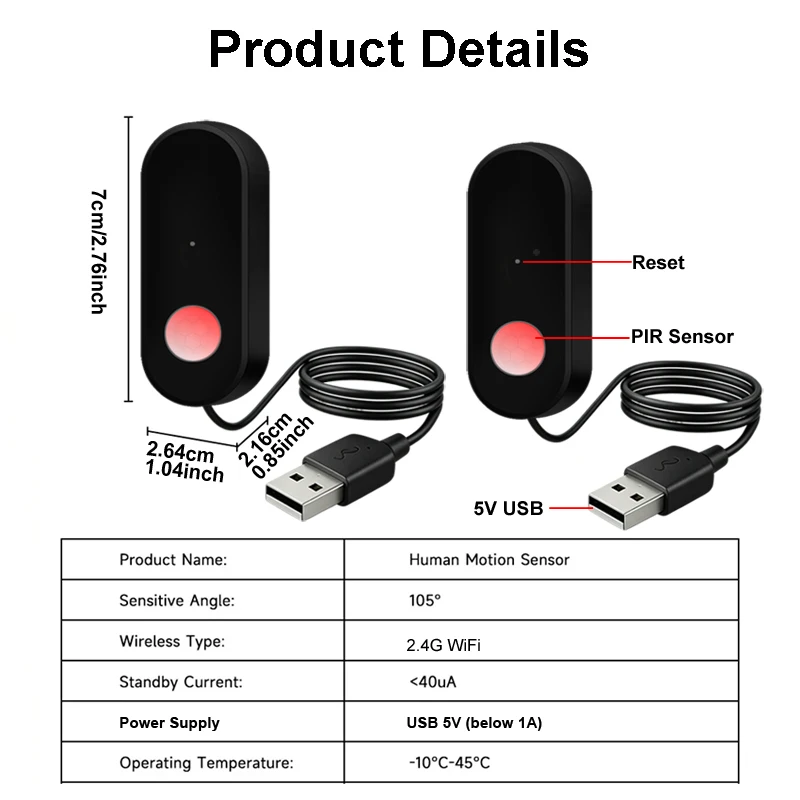 Tuya WiFi PIR Motion Sensor Human Body PIR Infrared Detector Home Security Device Smart Life APP 1 meter cable USB Powered