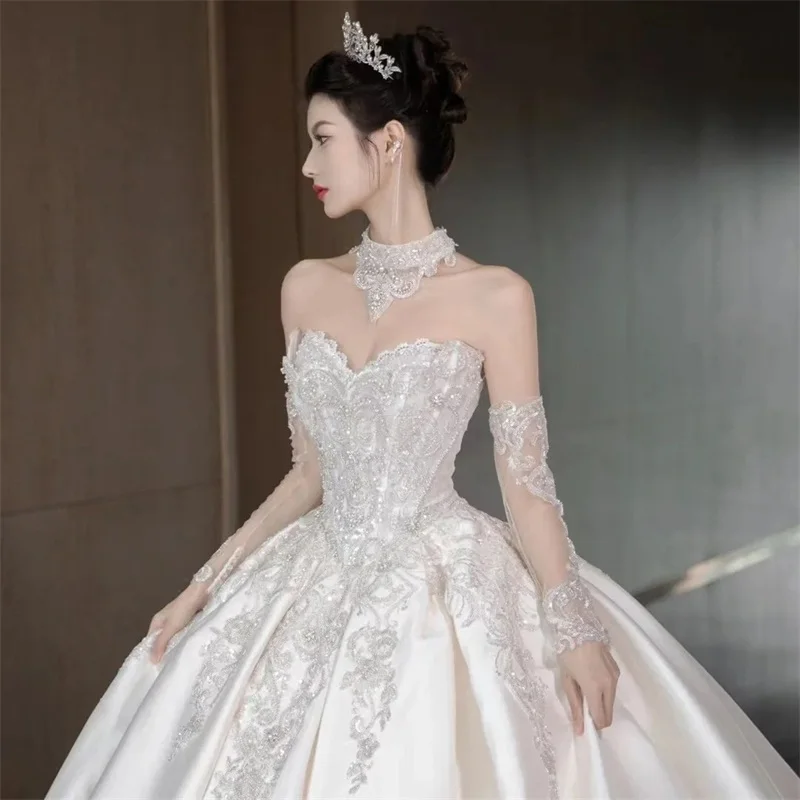 

Beads Strapless Satin Women Wedding Dress Pleated Backless Bridal Veil White Mid Waist Great Wedding Gown New Arrival In Stock
