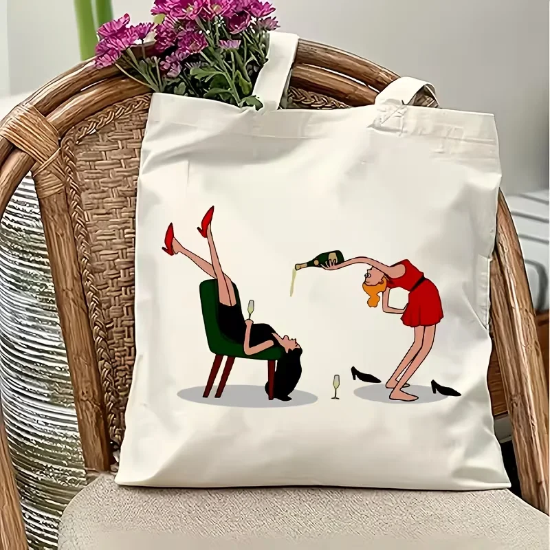 Canvas Tote Bag,Funny Drink Champagne with Friends Graphics , Shoulder Bag for Shopping, Outdoor, Travel Gift for Female Friends