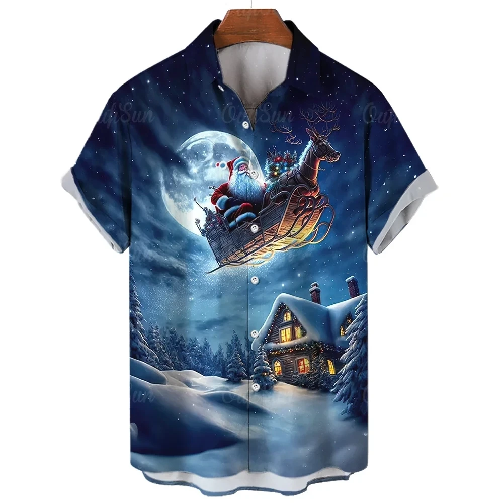 Snowman Christmas Tree Claus Santa Presents Ice Bear Mens Hawaiian Shirt 3d Print Short Sleeved Top Beach Party Clothes Loose