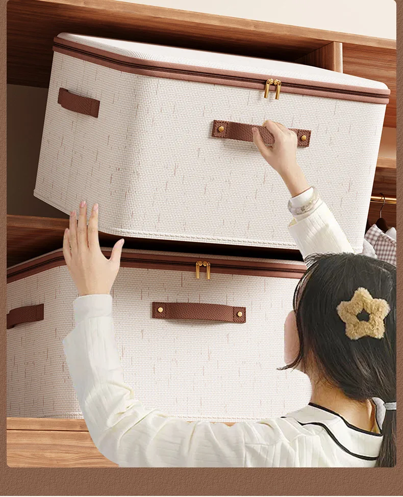 صندوق تخزين منزلي كبير، صندوق منظم للتخزين بسحاب من القطن والكتان مع غطاء لبطانيات ألعاب الملابس #3