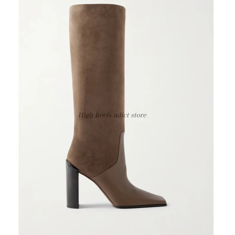 Square Toe suede leather chunky heel knee high boots black/brown high heels 2026 winter new in causal dress designer comfy shoes