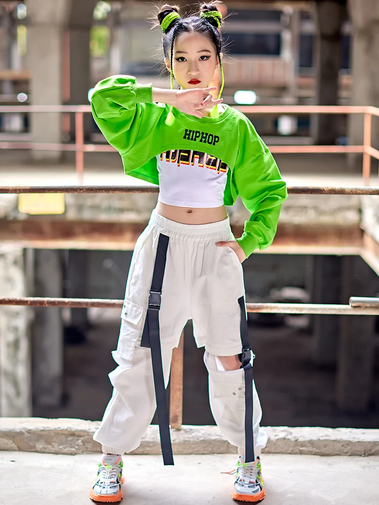 Disfraz de baile de Hip Hop para adolescentes, Tops cortos verdes, pantalones blancos, ropa de práctica de baile moderno, atuendo de actuación de concierto BL9077