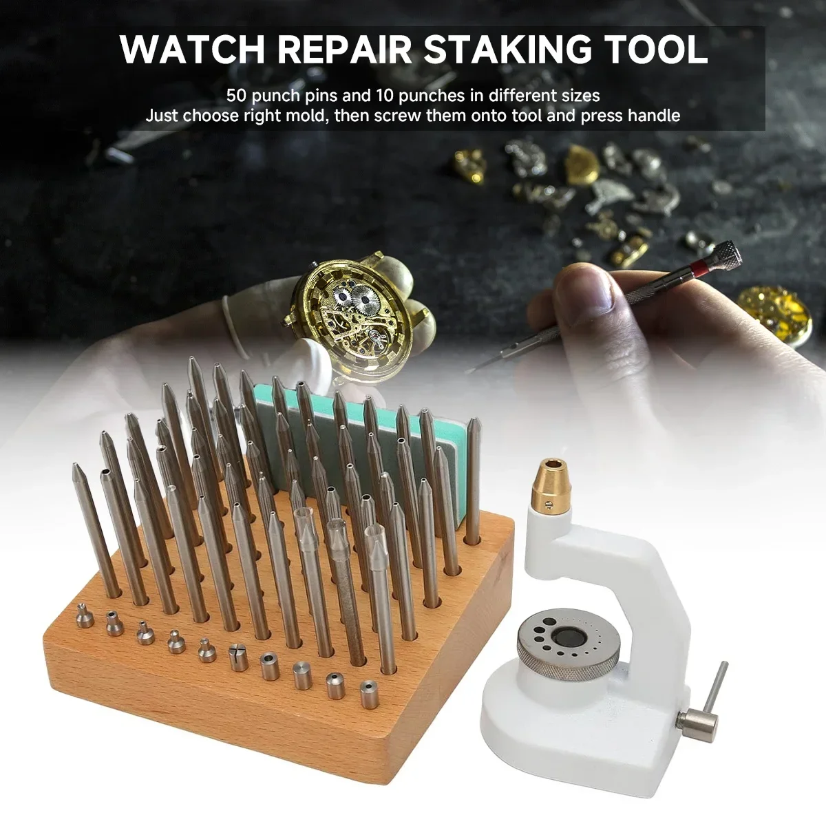 

Watch Repair Staking Tool Press Set Watchmaker Jewelling Punching Kit with 50 Punches 10 Stakes Watch Tool Set for Watchmaker
