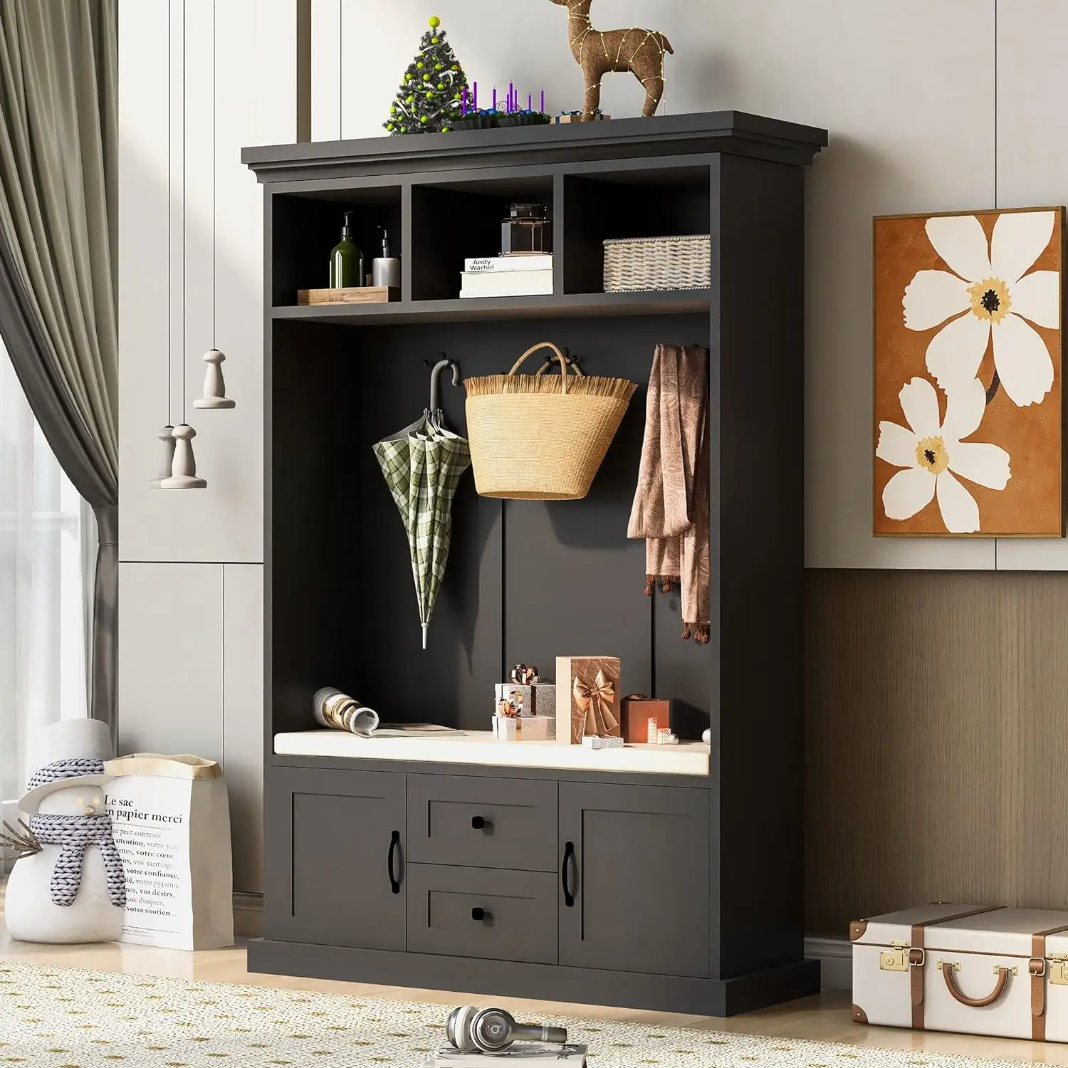 

Hall Tree with 3 Hooks & Cushioned Bench,3-in-1 Design Coat Hanger W/Storage Cabinet and 2 Large Drawers,Space Saving