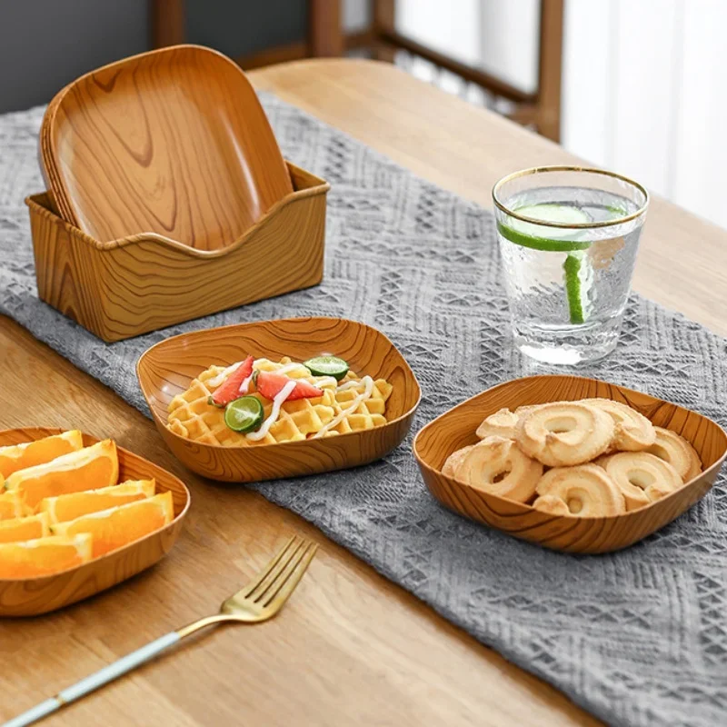 Kitchen Wood Grain Plastic Square Plate Salad Bowl Kitchen Spit Bone Dish Plate Coaster Serving Plate for Dining Snack Nuts