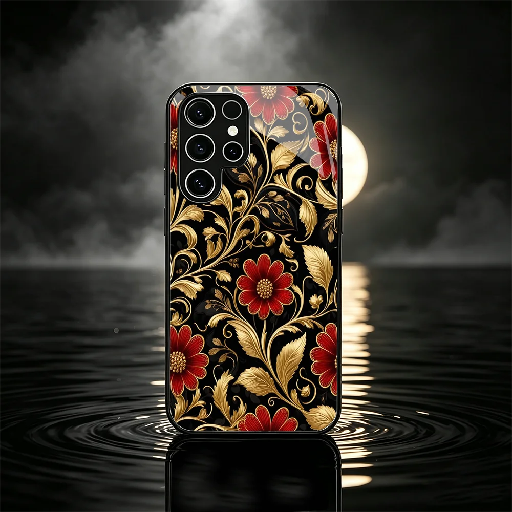 Classic Red Gold Floral Pattern s26 ultra case s25 ultra case Glass phone case for Samsung Galaxy S26 25 24 23 22 FE Ultra Plus