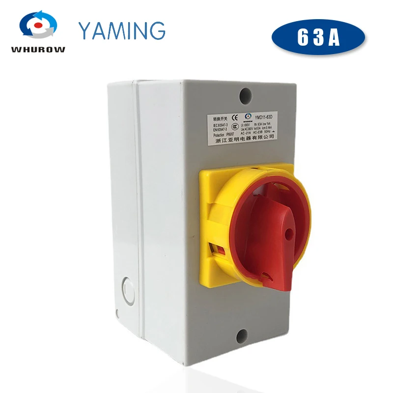 

YMD11-63D ON-OFF Two Positions Isolator Disconnect Switch 63A 3P Padlock Cam Changeover With IP65 Waterproof Box Enclosure