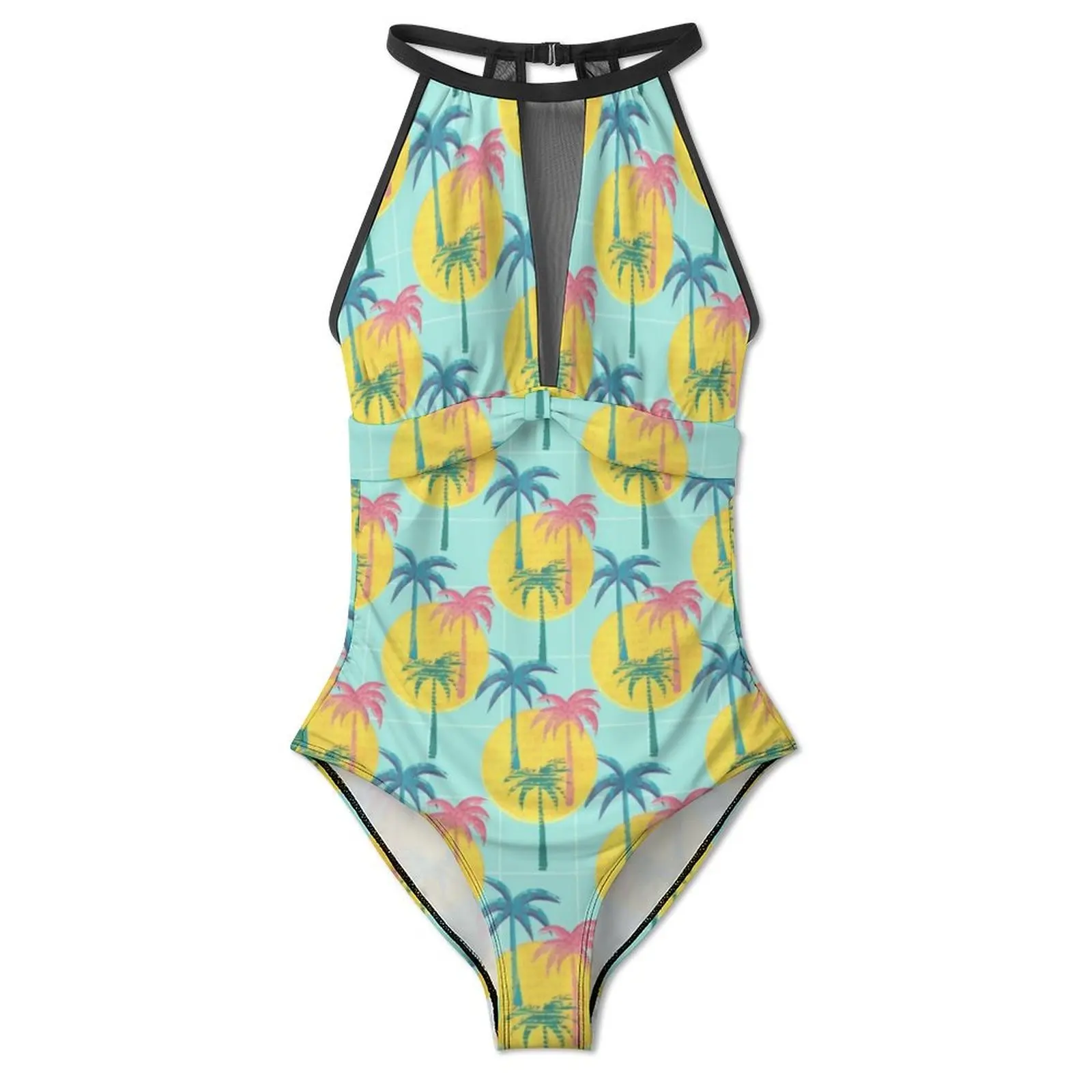 Abstract Sun Swimsuit Sexy Retro Palms Print Women Swimwear One-Piece Trend Bodysuit Holiday Push Up Hollow Out Bathing Suits