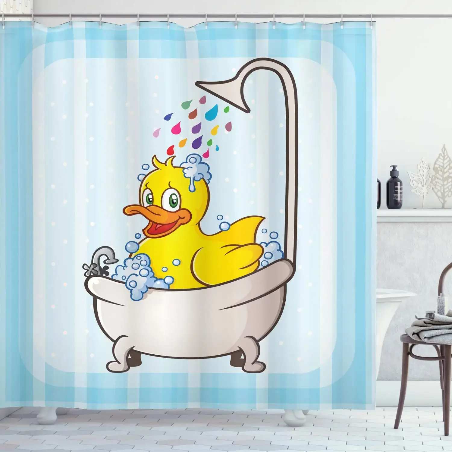 Duck Shower Curtain Cartoon Character Taking A Bath Colorful Drops Backdrop Dots,Cloth Fabric Bathroom Curtains with Hooks