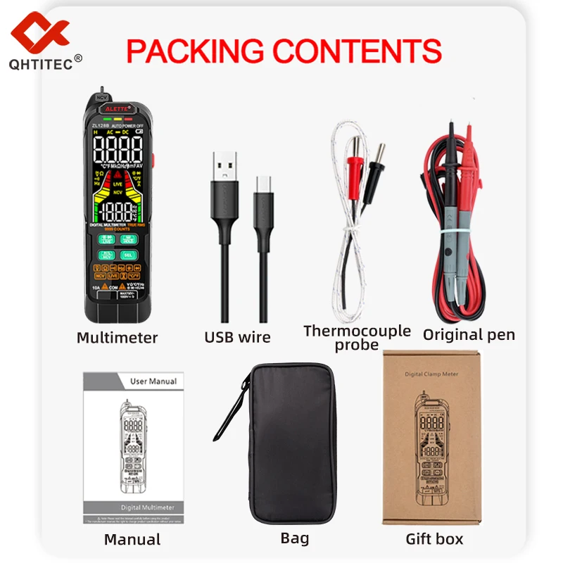 QHTITEC USB Charge Multimetro Digital Profesional AC DC Current Voltage Detector Pen True RMS Capacitance Auto Range Multimeter