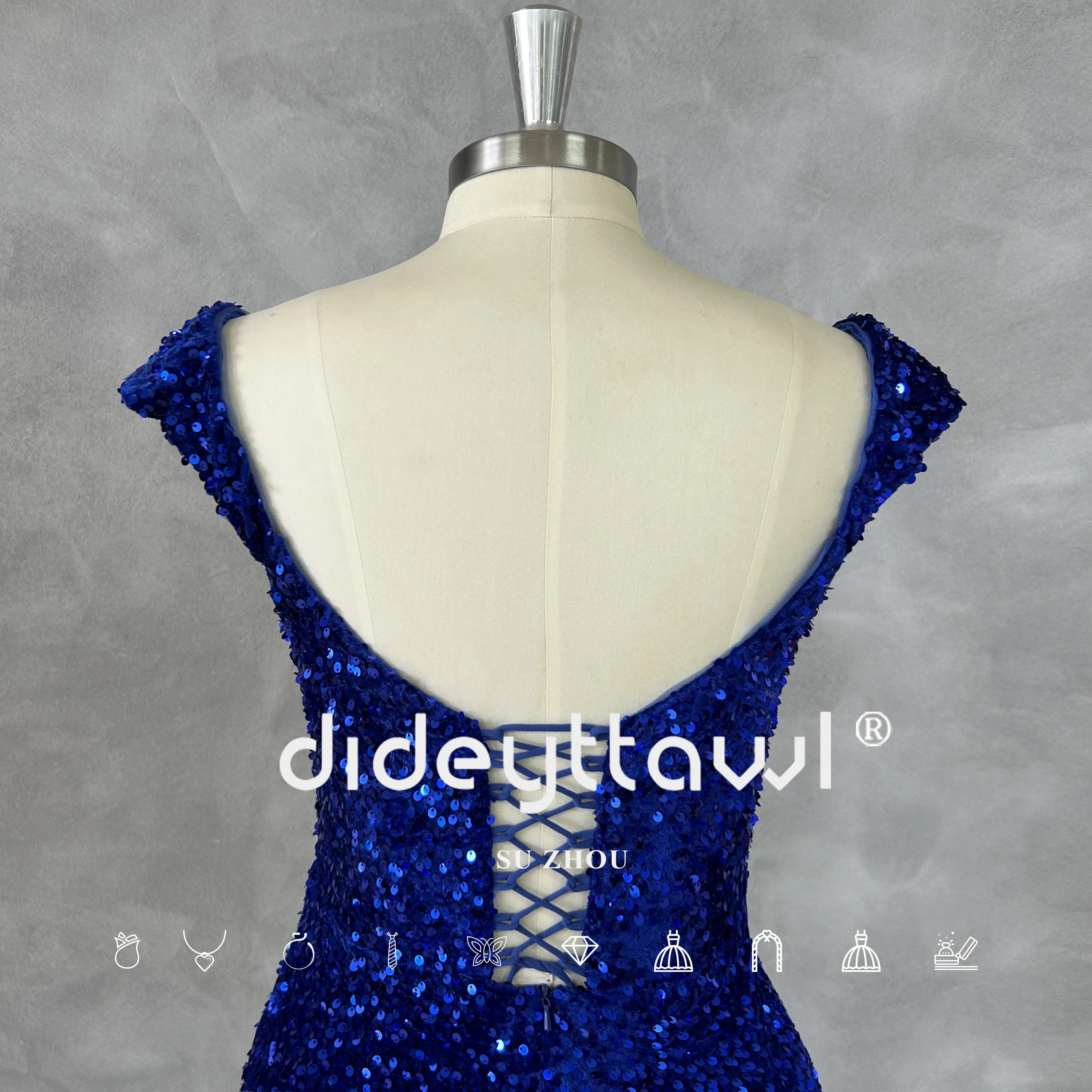 DIDEYTTAWL-vestido de noche azul Real con cuello en V y lentejuelas brillantes, vestido de sirena Sexy para graduación, abertura alta, sin mangas, con cordones