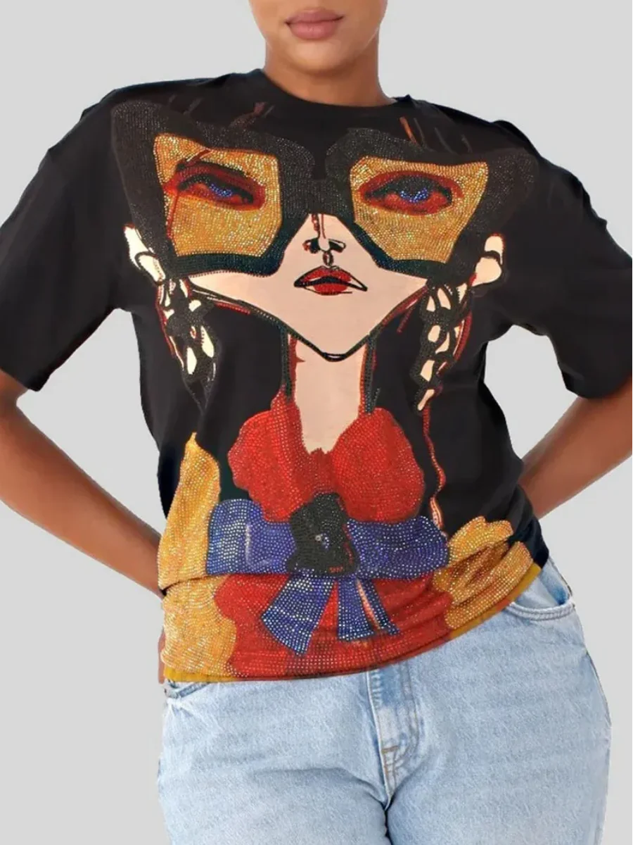 Camiseta de ajuste Regular con estampado de figura LW para mujer, Top Vintage de moda, Tops de lentejuelas con hombros caídos, camisetas de verano