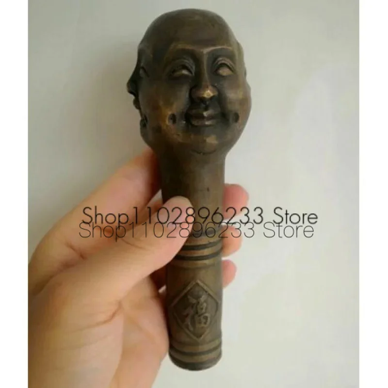 Brass Four-Face Buddha Head Walking Stick Cane Handle Top Topper