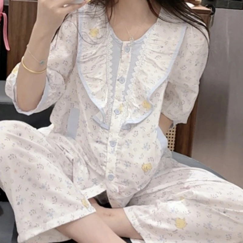 2026 Small Fresh and Sweet Pure Cotton Pajamas Women's Home Wear Set Can Be Worn Casually and Slimming