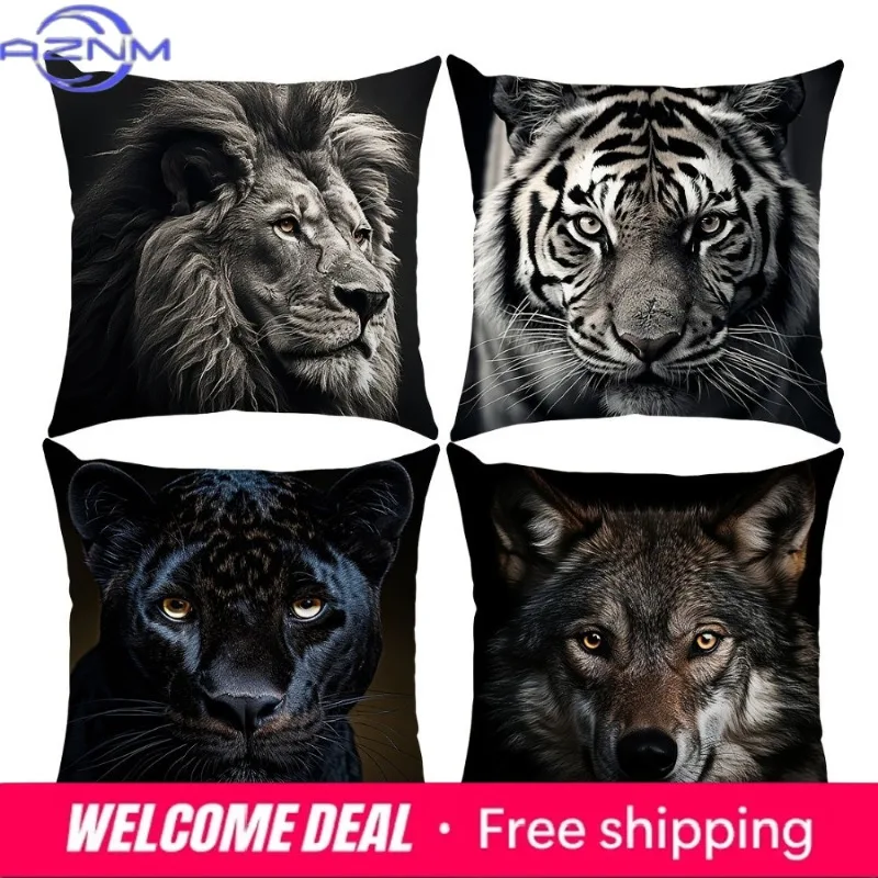 Four Animal Head Pillowcases: Lion, Tiger, Black Panther, and Wolf Sofa Cushion Cover Home Room Decoration 2D Flat Printing