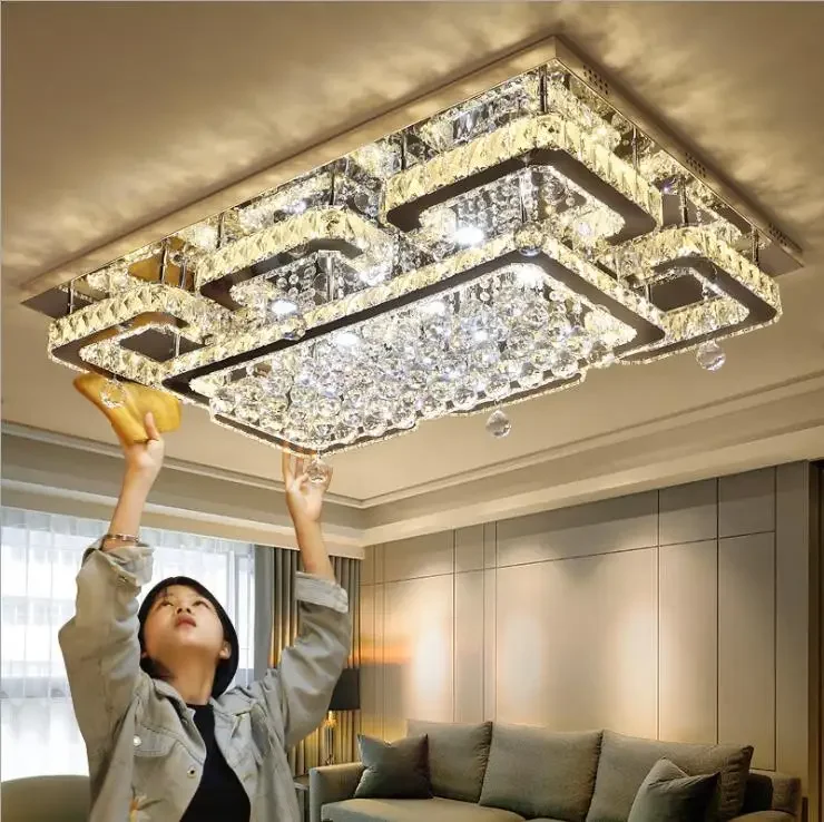 Modern simple living room crystal ceiling lamp rectangular atmosphere stepless dimming led bedroom study crystal lamps