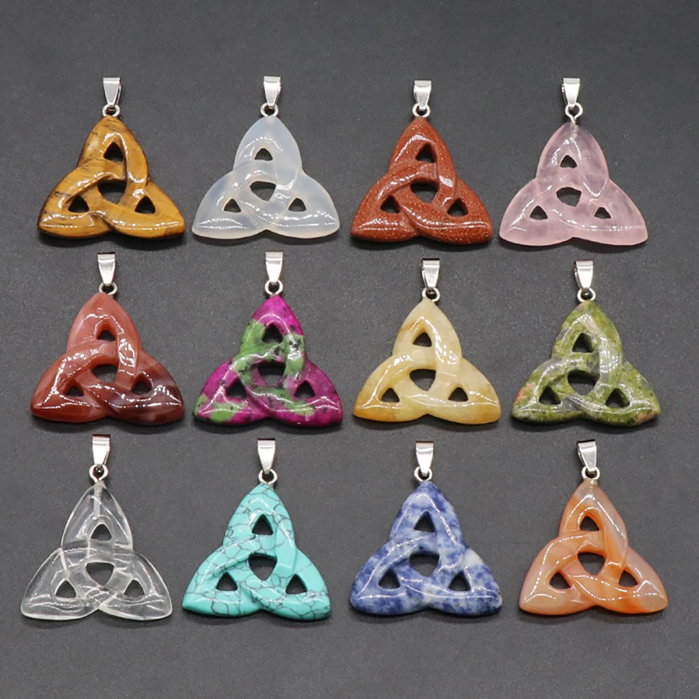 Natural Stone Necklace Triangle Irish Celtic Knot Quartz Pendant for Jewelry Making DIY Necklace accessories Party Jewelry Gifts