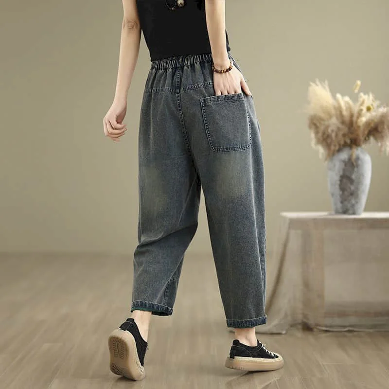クロップドジーンズ女性カジュアルルーズコントラストカラーパッチワークデニムハーレムパンツヴィンテージ弾性ウエストストリート女性服