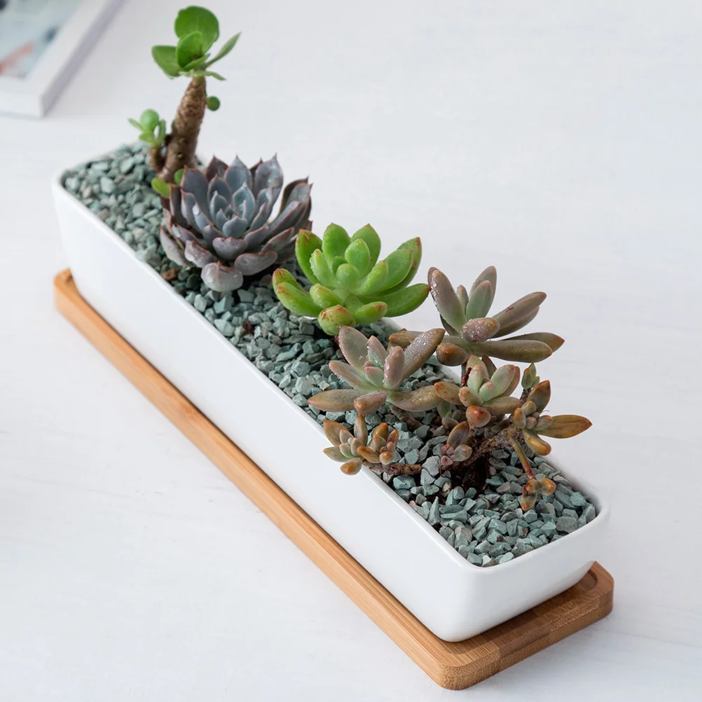 1PCS Rectangular Ceramic Planter Bamboo Stand Eco Friendly Indoor Plant Pot Flower Pot for Succulent Mint chid Gift for Mom Dad