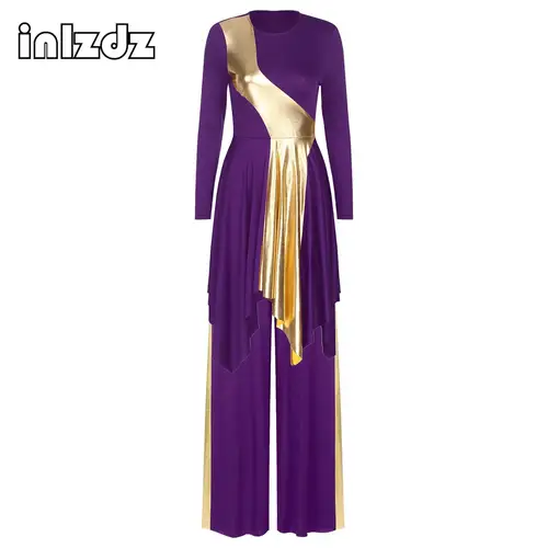 Traje de baile lírico de adoración de iglesia para mujer, vestido de retazos metálico de manga larga con dobladillo asimétrico y pantalones de pierna ancha