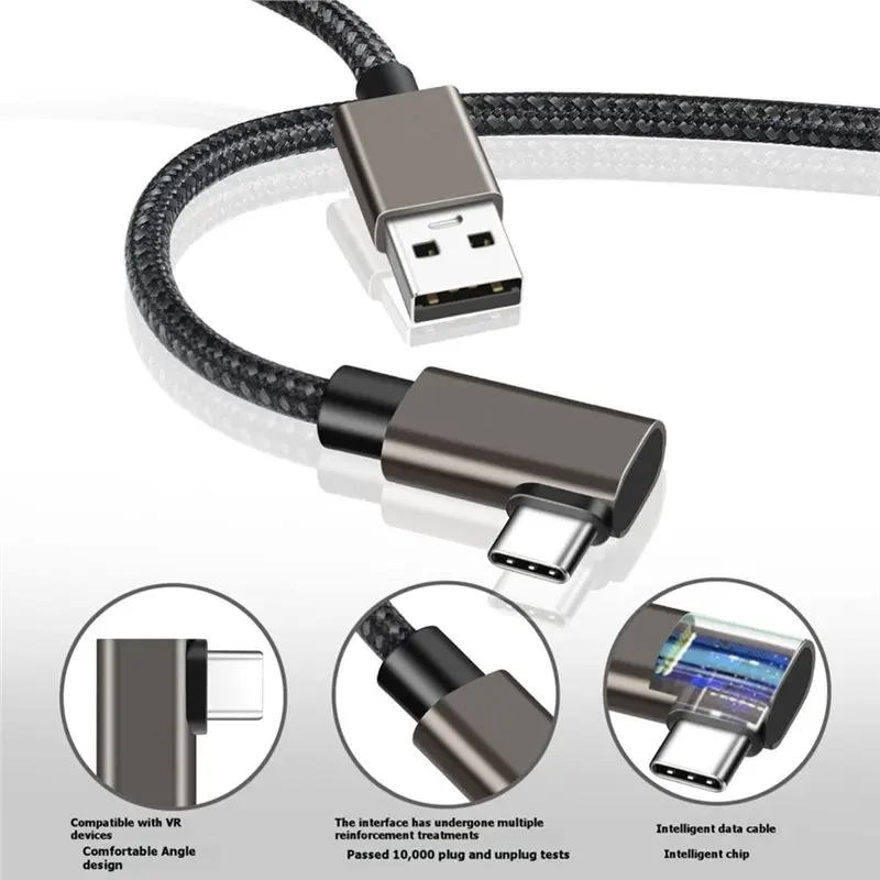 USB A to USB-C VR Cable 90-Degree Right-Angle USB 3.0 Data & Fast-Charging Cable for Oculus Quest 1/2/3