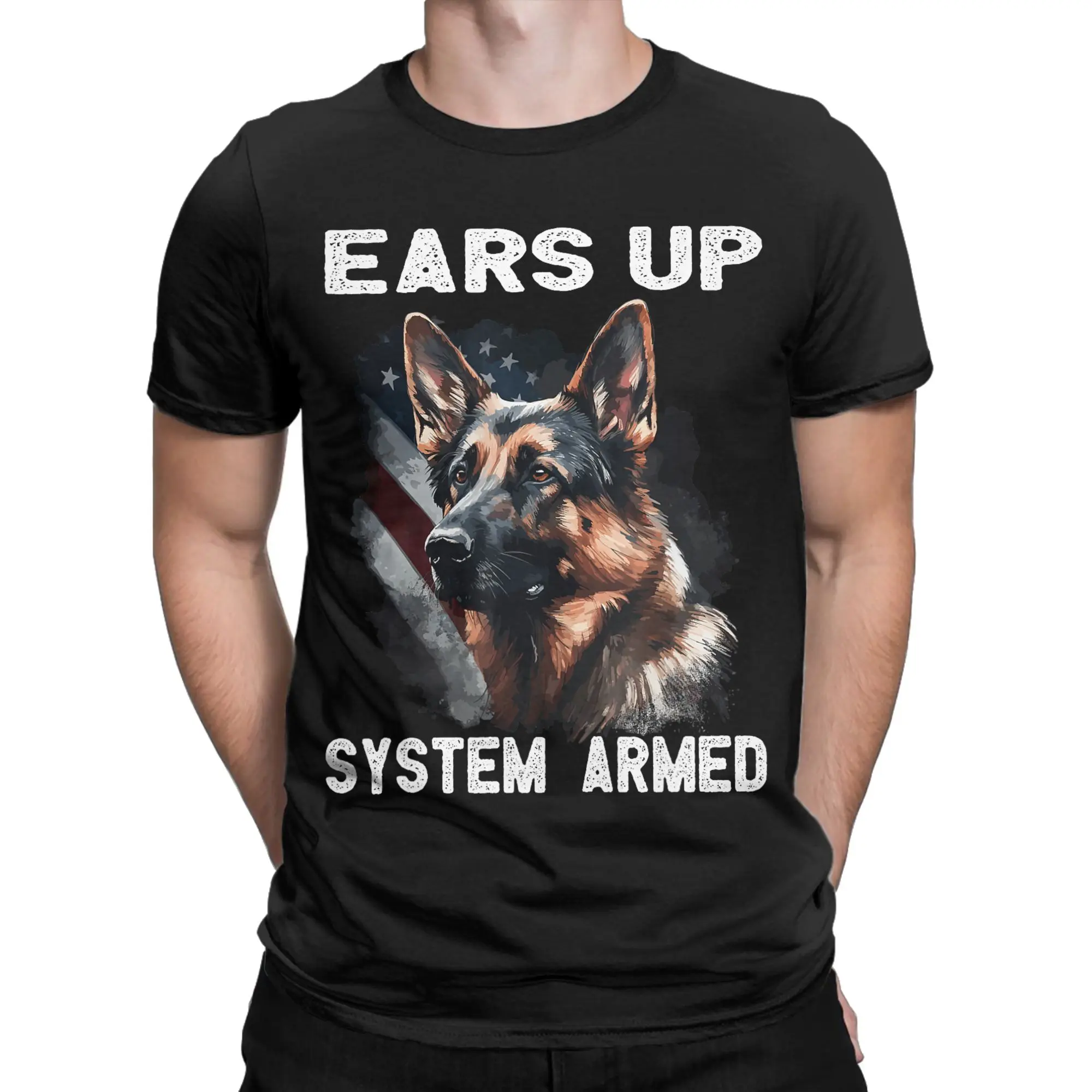 Awesome USA Flag with German Shepherd T-Shirts Men Women Crewneck Cotton T Shirt Dog Short Sleeve Tees Plus Size Tops