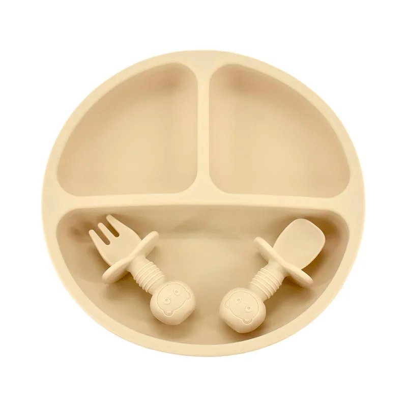 3 PCS Silicone Baby Feeding Set 3Pcs BPA Free Suction Bowl Divided Plate Spoon Fork Silicone bibs Children Tablewar