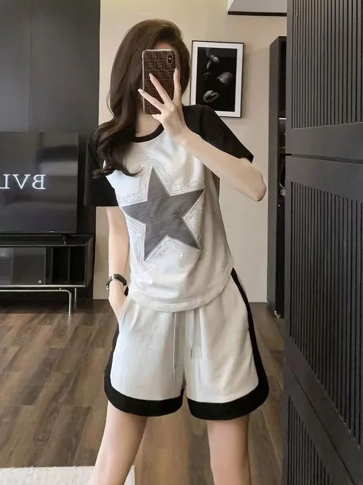Mulher shorts agasalho estrela t camisa de luxo tailorin novidades roupas tendência 2025 completo dois kits conjuntos curtos para mulher 2 peças