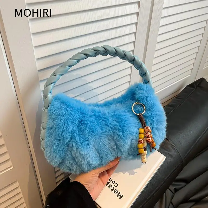 2026 Retro Faux Fur Handbag Braided Handle Shoulder Purse for Women Fall and Winter Daily Wear