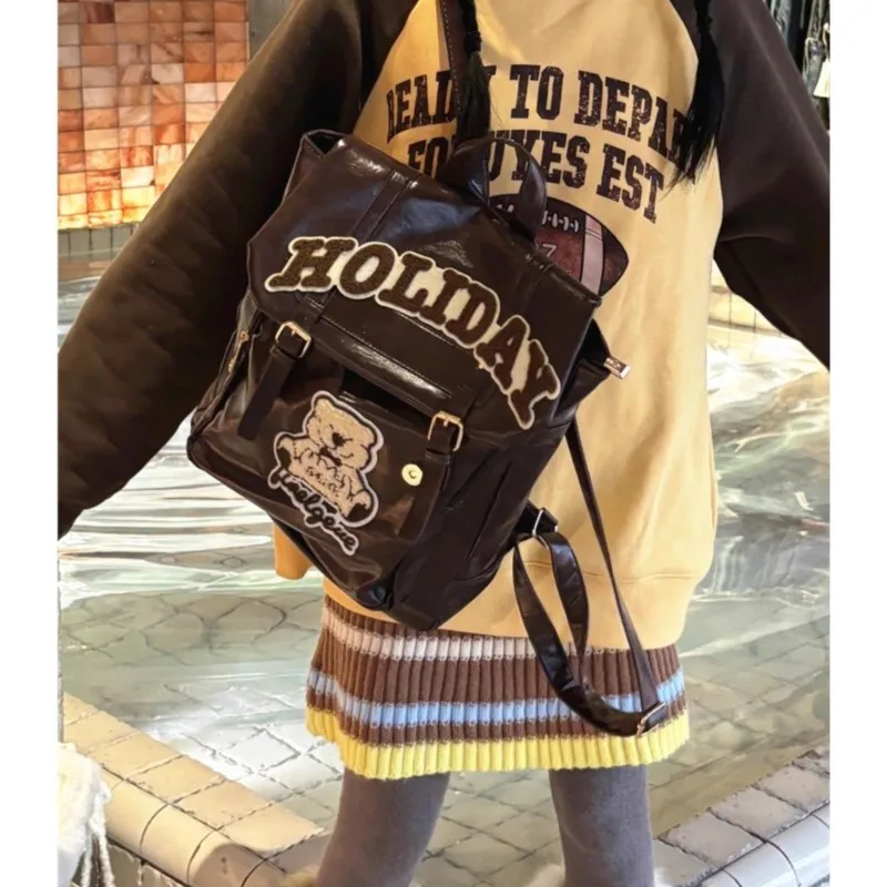JIAERDI Vintage Brown Backpack Women Preppy Style Bear Embroidery Y2k Backpacks Female Retro Large Capacity Schoolbag Mochila