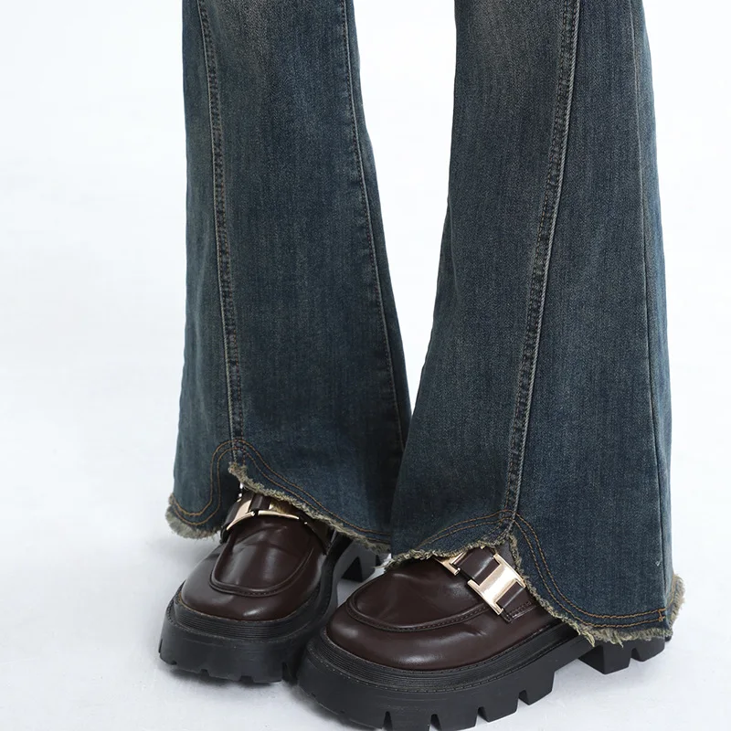 BOWEYLUN جديد ريترو دو قديم مايكرو متوهج الجينز للنساء الخريف عالية الخصر مهدب سبليت الدينيم بنطال ذو قصة أرجل واسعة للإناث