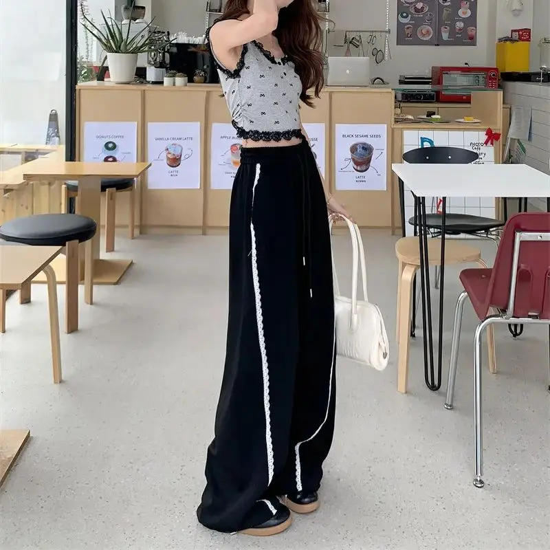 Korean version of lace splicing lazy style loose wide-leg pants versatile ties casual pants for women