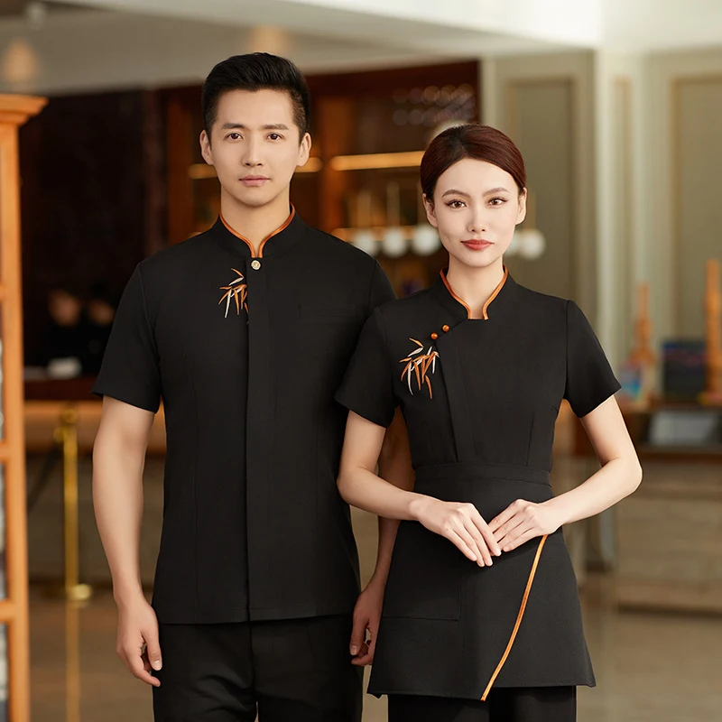 Women Chinese Style Short Sleeve Work Uniform for Hotel Dining Restaurant Front Desk Summer Attire