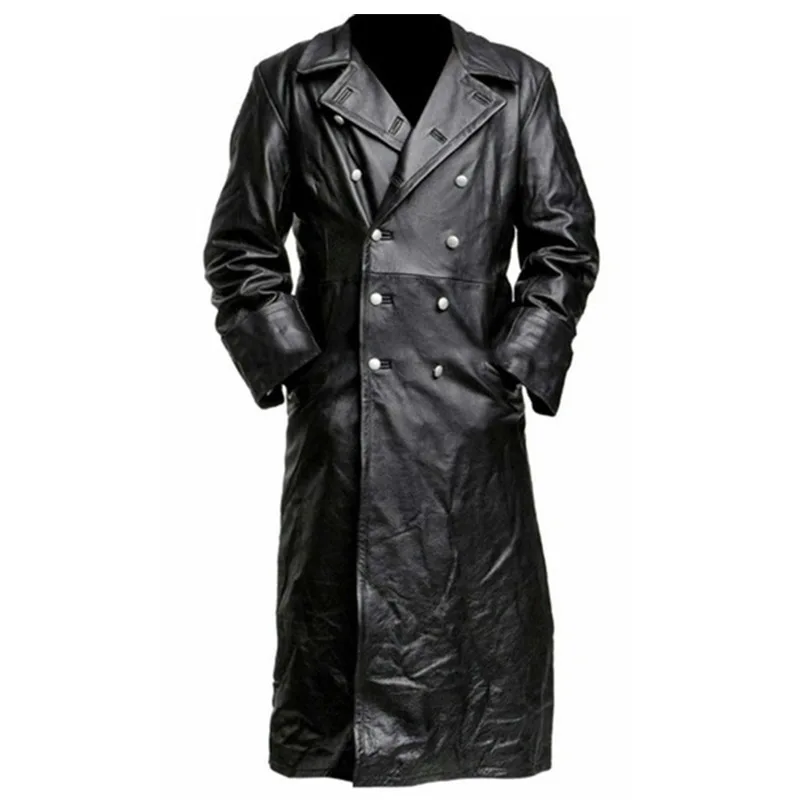 Male Fashion Double Breasted Solid Trench Coat Slim Long Mens Leather Jacket Streetwear Menswear Motorcycle Jacket