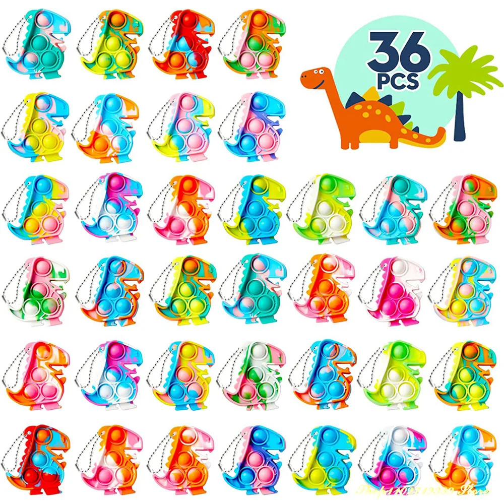 12/36 sztuk dinozaur upominki na przyjęcie Pop brelok Fidget zabawki luzem Stress Relief zabawki sensoryczne artykuły urodzinowe dla dzieci