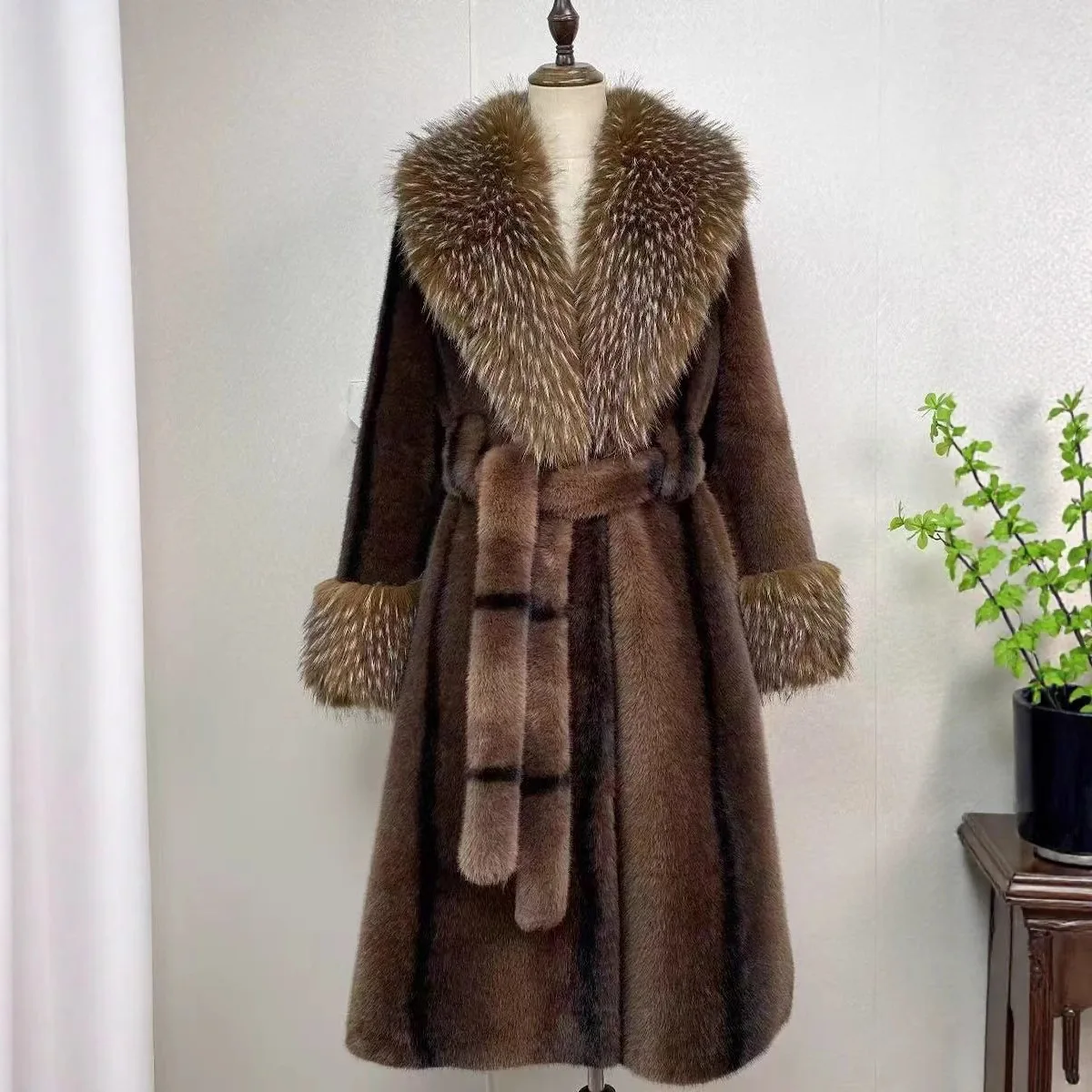 Faux Fur Coats Women Coat Fur Lace Up Leopard Print Longline Long Sleeves V Neck Thick Warm Fur Loose Jackets 2025 Autumn Winter