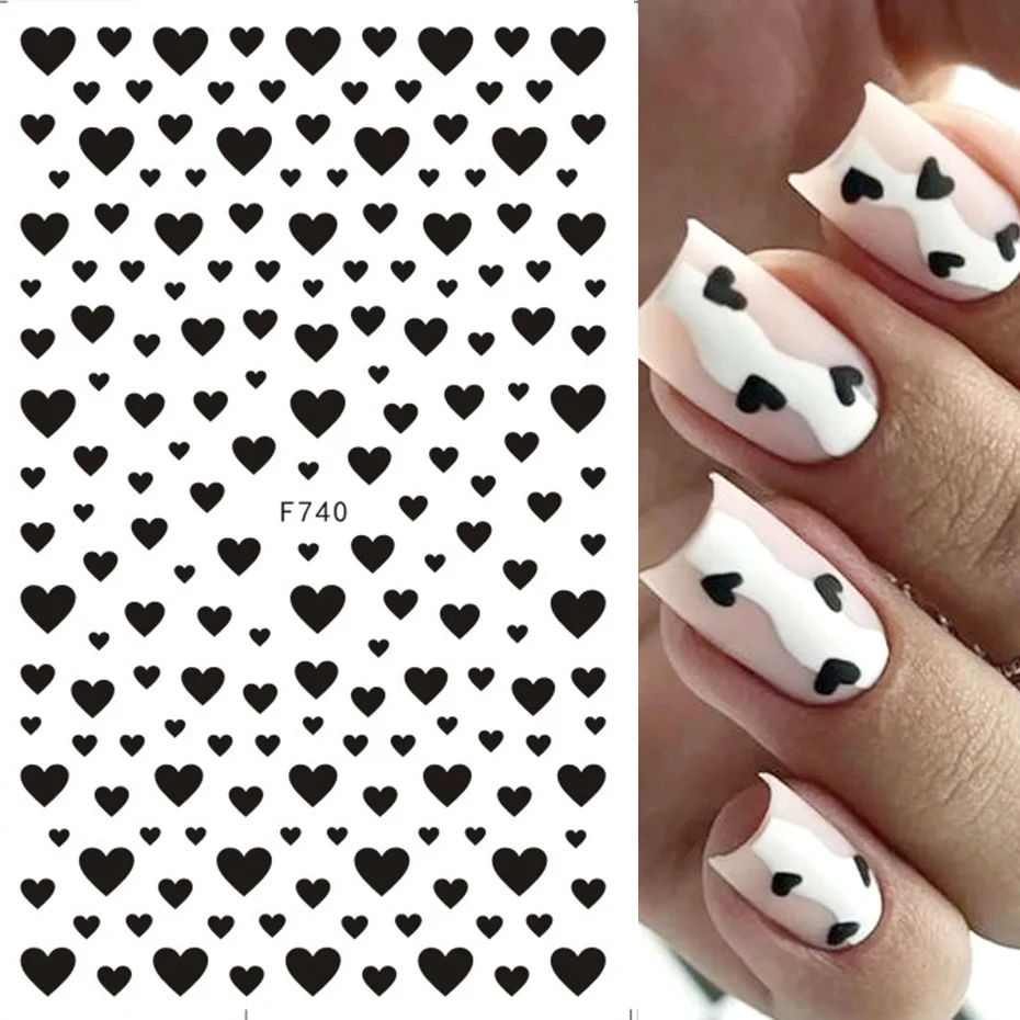 3D Nail Stickers Black Heart Love Valentine Cute Cartoon Couple Letter Self Adhesive Wrap Slider DIY Manicure Accessories