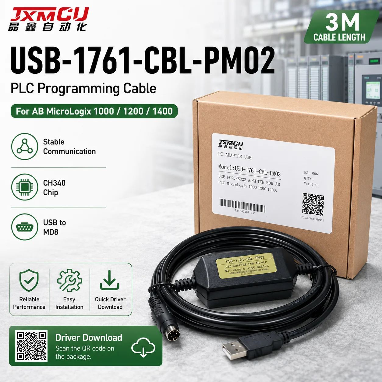 USB-1761-CBL-PM02 3M PLC Programming Cable, CH340 USB to MD8 Data Adapter for AB MicroLogix 1000 1200 1400